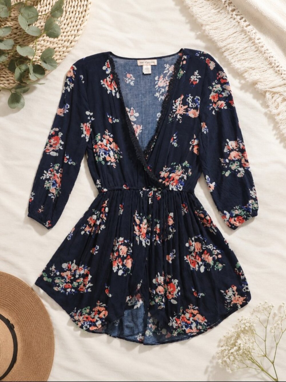 Band of Gypsies Floral Dress Navy Boho Long Sleeve Size Large Like New